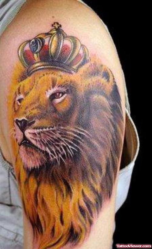 Colored Lion With Crown Tattoo On Half Sleeve