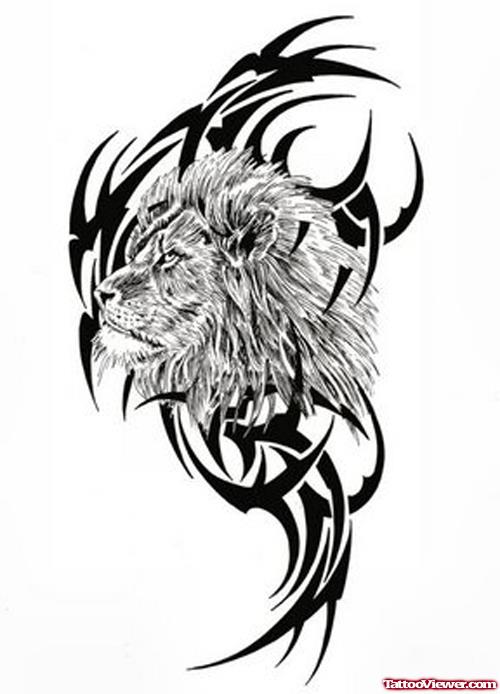 Black Tribal And Lion Head Tattoo Design For Girls