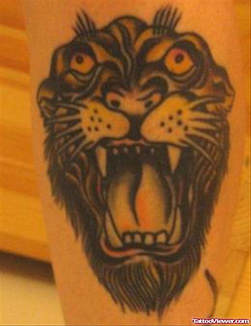 Black Ink Angry Lion Head Tattoo