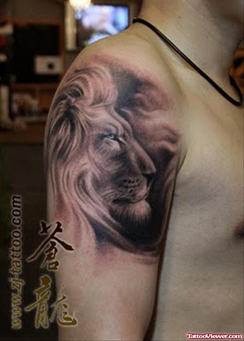 Beautiful Right Shoulder Grey Ink Lion Tattoo