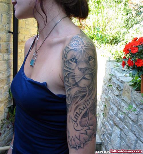 Beautiful Grey Ink Lion Tattoo On Left Sleeve