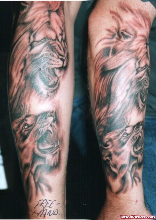 Quality Grey Ink Lion Tattoo On Leg