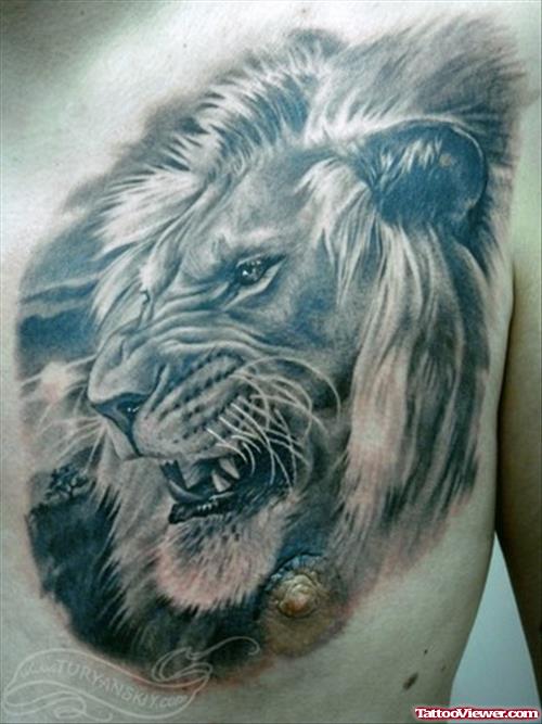 Latest Grey Ink Lion Tattoo on Man Chest