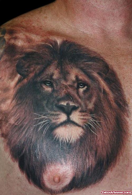 Dark Ink Lion Head Tattoo On Chest