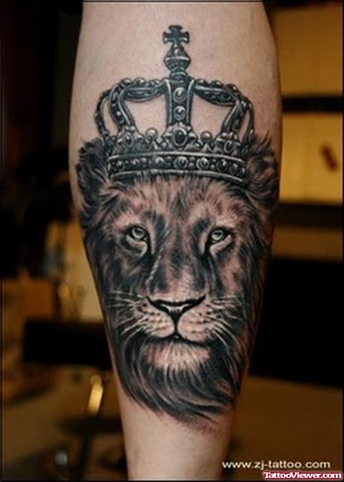 Awesome Lion Head With Crown Tattoo