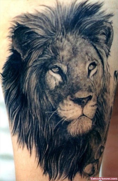 Awesome Grey Ink Lion Tattoos On Leg