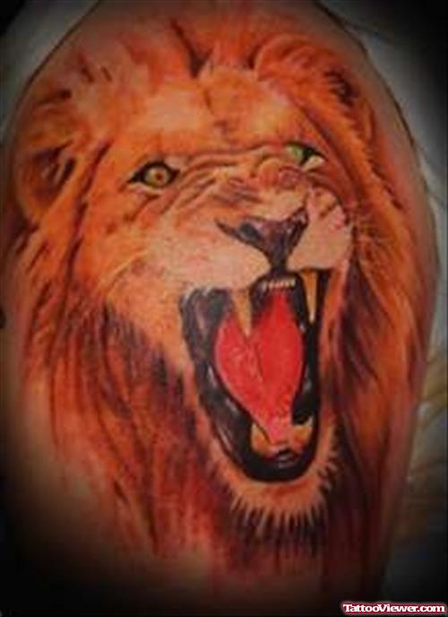 Quality Roaring Lion Head Tattoo On Shoulder