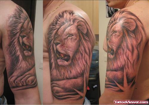 Left Half Sleeve Grey Ink Lion Tattoo