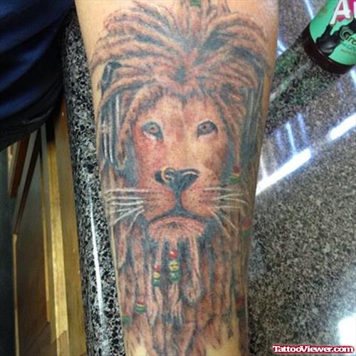 Grey Ink Native Lion Tattoo On Sleeve