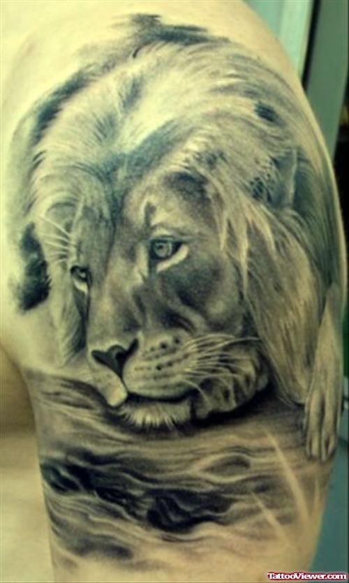Grey Ink Half Sleeve Lion Tattoo