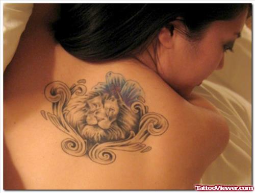 Girl Back Body Lion Head Tattoo