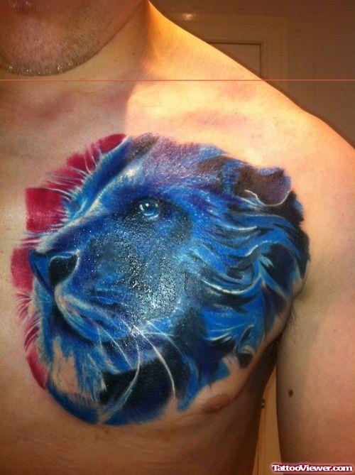 Blue Ink Lion Tattoo On Man Chest