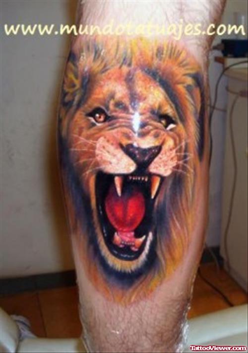 Colored Roaring Lion Head Tattoo On Back Leg