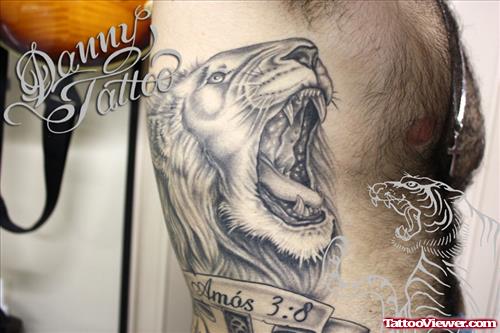 Banner And Grey Ink Lion Head Tattoo