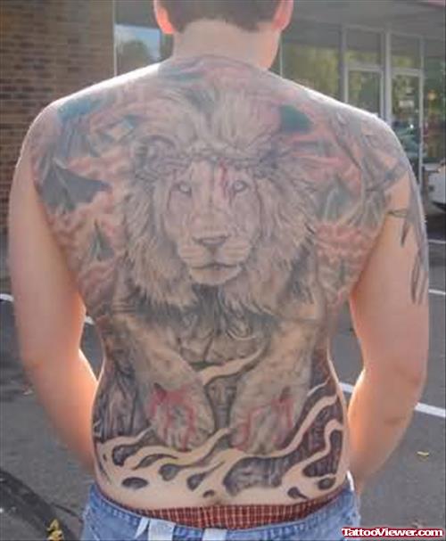 Big Lion Sitting Tattoo On Back