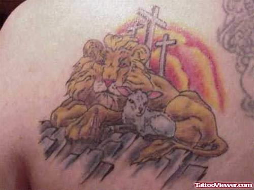 Lion Sheep And Cross Tattoo