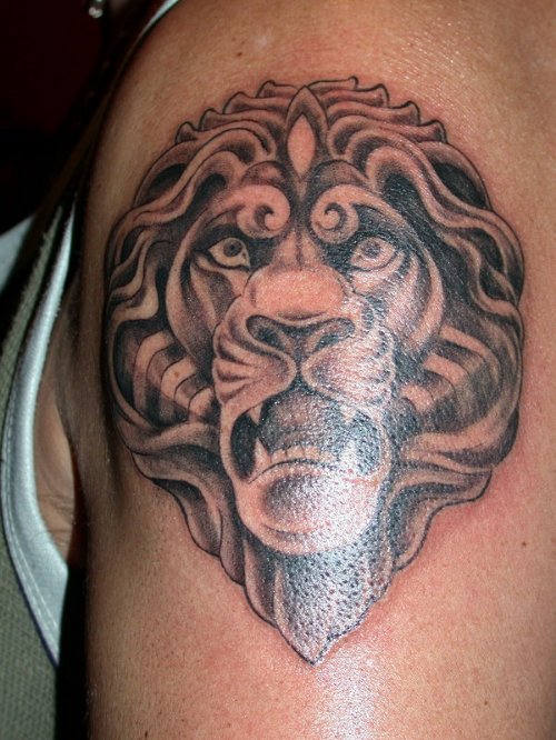 Grey Ink Tribal Lion Head Tattoo