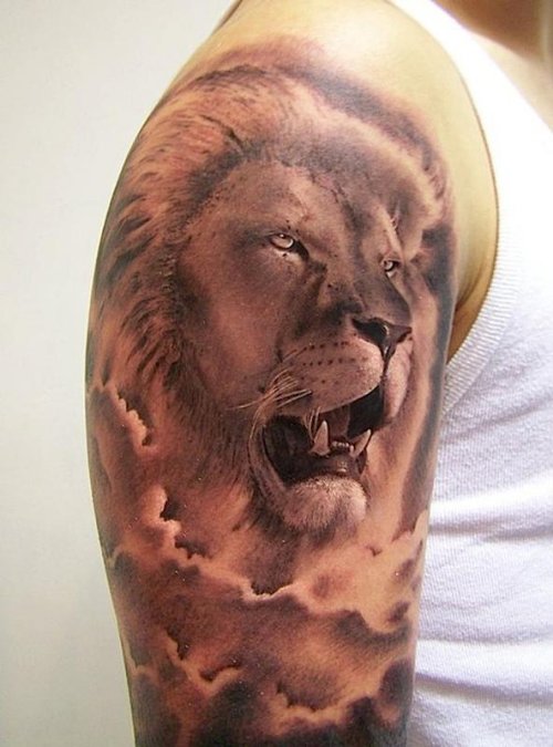 Attractive Grey Ink Lion Tattoo On Right Half Sleeve