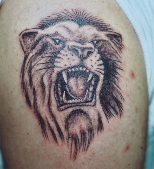 Angry Grey Ink Lion Head Tattoo