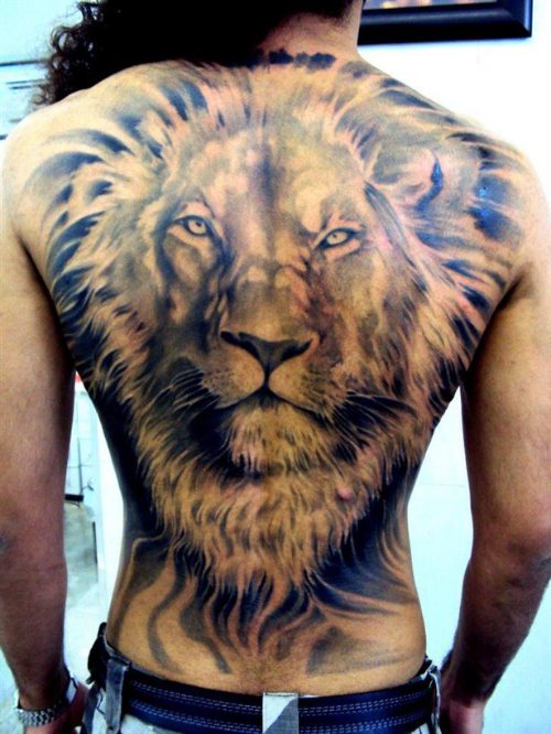 Awesome Grey Ink Lion Head Tattoo On Back