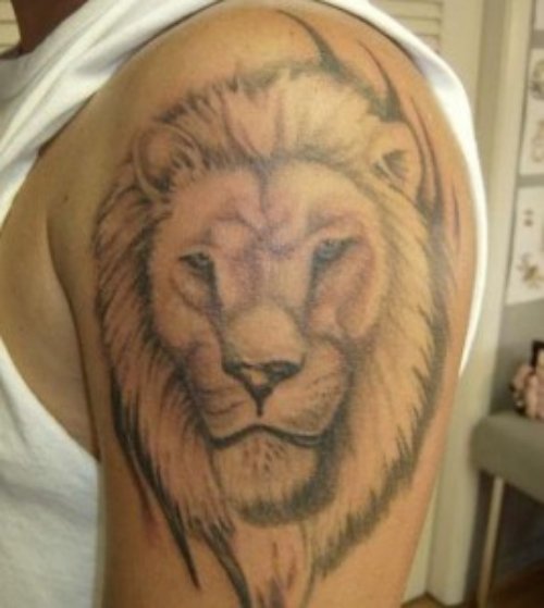 Grey Ink Lion Head Tattoo On Left Half Sleeve