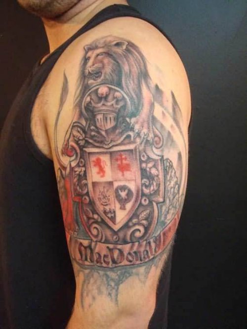 Lion With Crest Tattoo On Left Half Sleeve