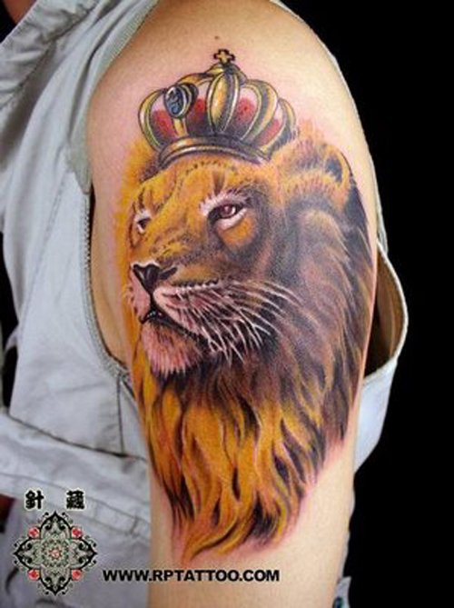 Lion Head Tattoo On Left Half Sleeve