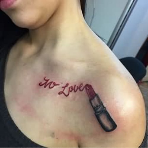 No Love Lipstick Tattoo On Left Shoulder