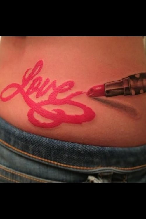 Love Written Lipstick Tattoo On Side