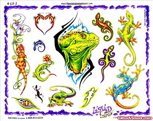Coloured Designs For Lizard Tattoo