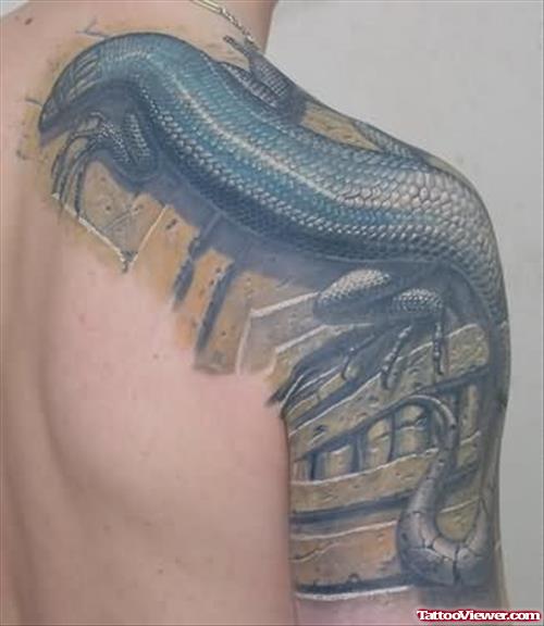 Big Black Lizard Tattoo On Shoulder