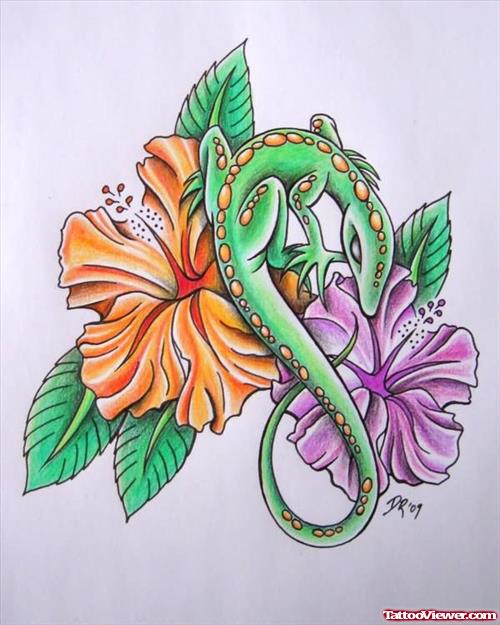 Green Lizard Tattoo On Flowers