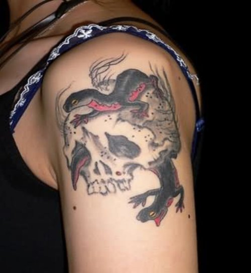 Lizard And Skull Tattoo On Sleeve