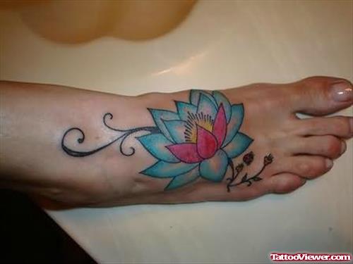 Colorful Lotus Tattoo On Foot
