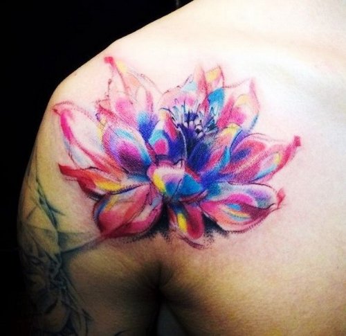 Colorful Lotus Flowers Tattoo On Shoulder