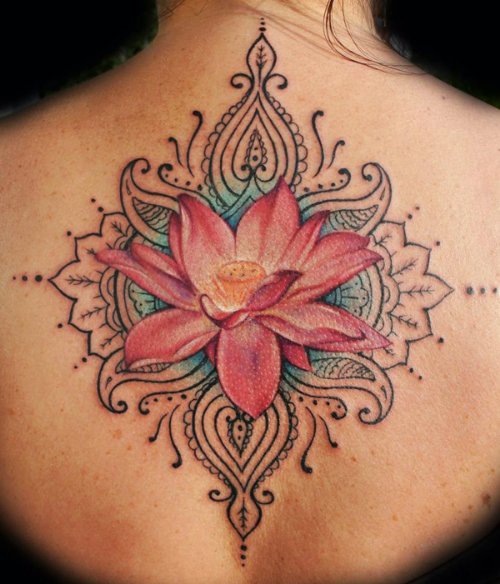 Colored Lotus Flower Tattoo On Back