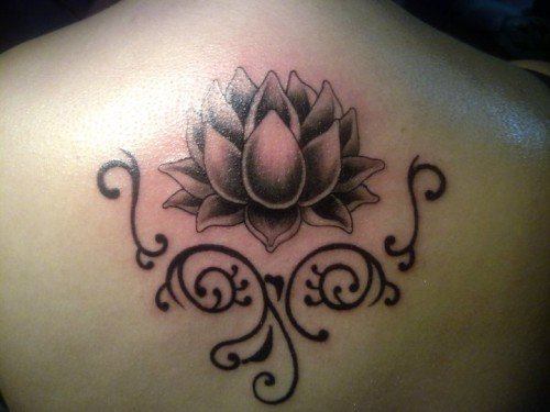 Grey Ink Lotus Tattoo On Upperback