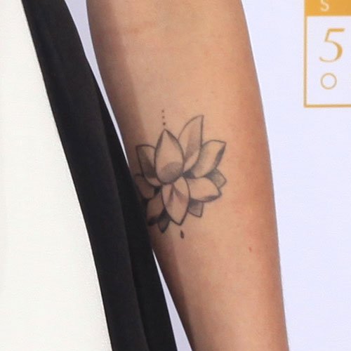 Grey Ink Lotus Tattoo On Left Arm