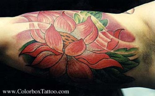 Colored Lotus Tattoo On Muscles