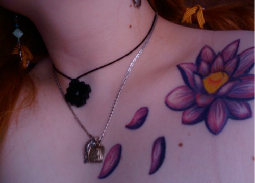 Awesome Color Lotus Flower Tattoo On Left Collarbone