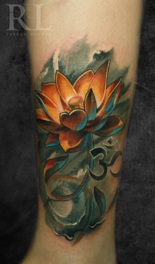 Om Symbol and Lotus Tattoo On Leg Sleeve