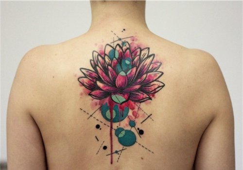 Colorful Lotus Tattoo On Upper Back