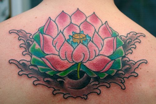 Color Lotus Tattoo On Upperback