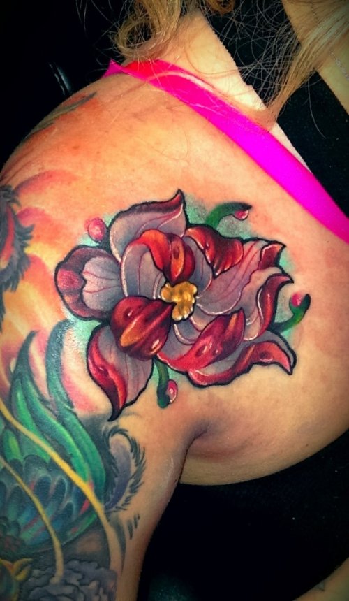 Color Lotus Flower Tattoo On Left Back Shoulder