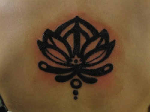 Black Tribal Lotus Tattoo On Back