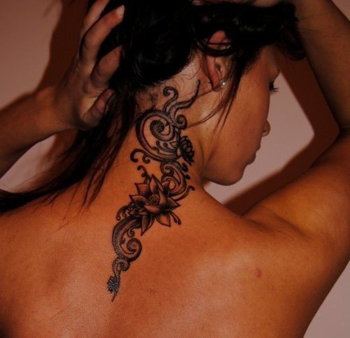 Awesome Grey Ink Lotus Flower Tattoo On Upperback