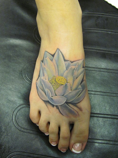 White Ink Lotus Flower Tattoo On Right Foot