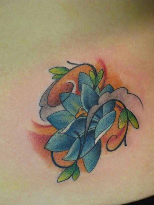 Awesome Blue Lotus Tattoo On Collarbone