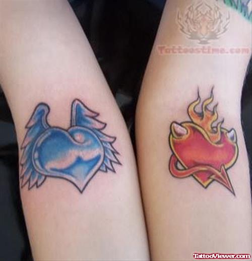 Fire Heart And Winged Heart - Love Tattoo