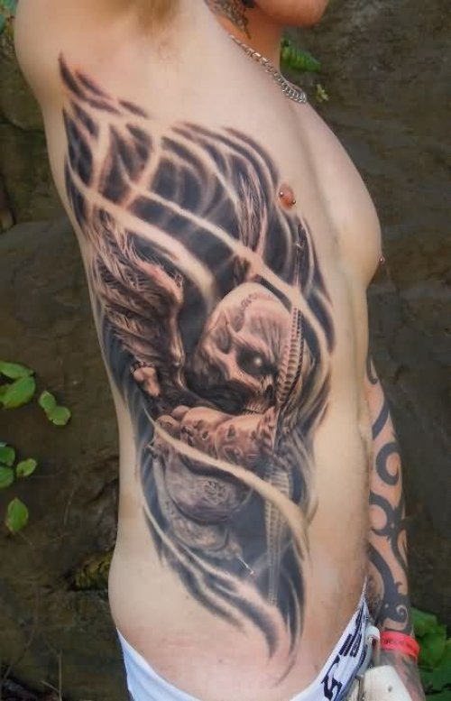 Grey Ink Love Tattoo On Rib Side
